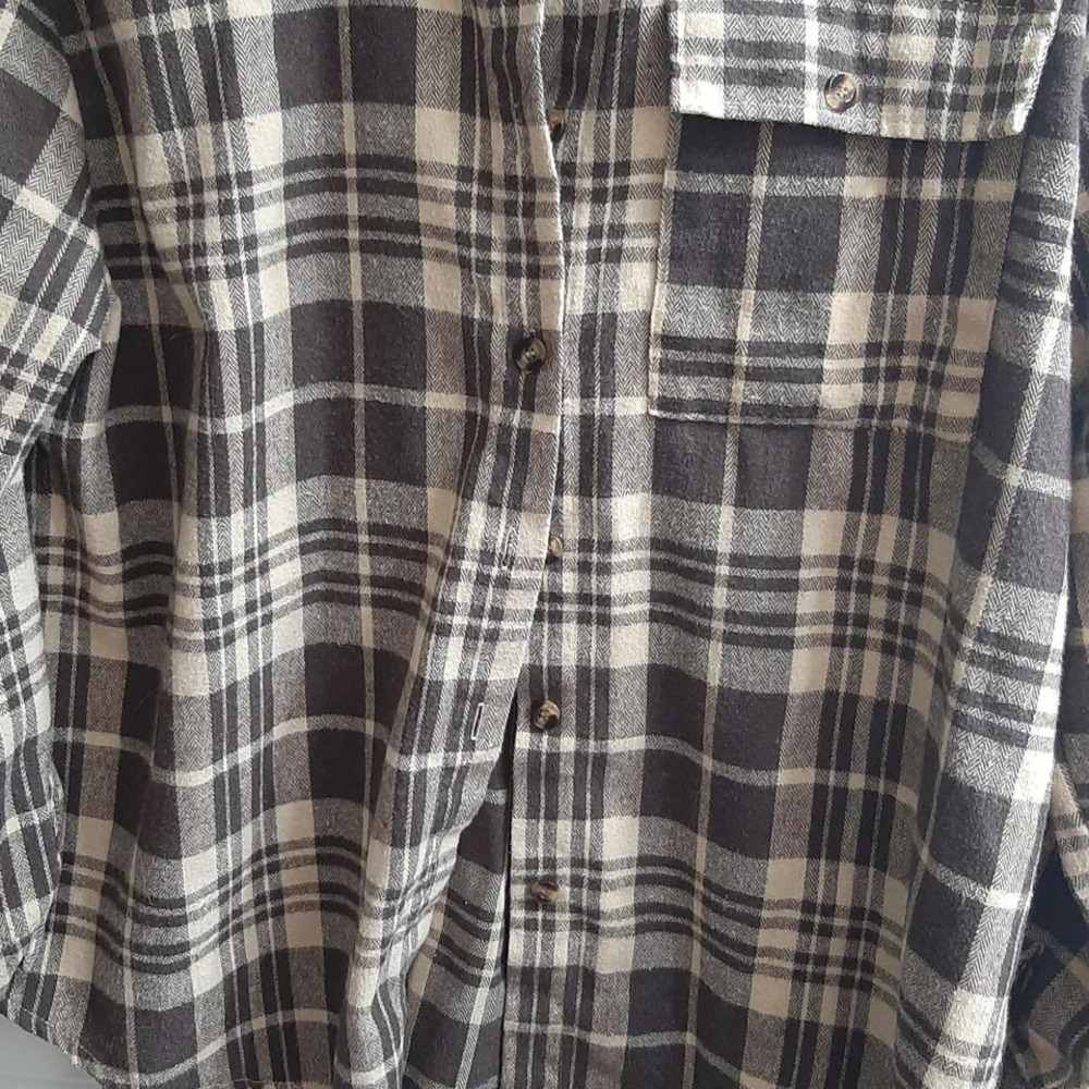 Romwe Brown Tan Plaid Flannel Button Down Shirt Small Long Sleeve Pocket Top S - Picture 4 of 8